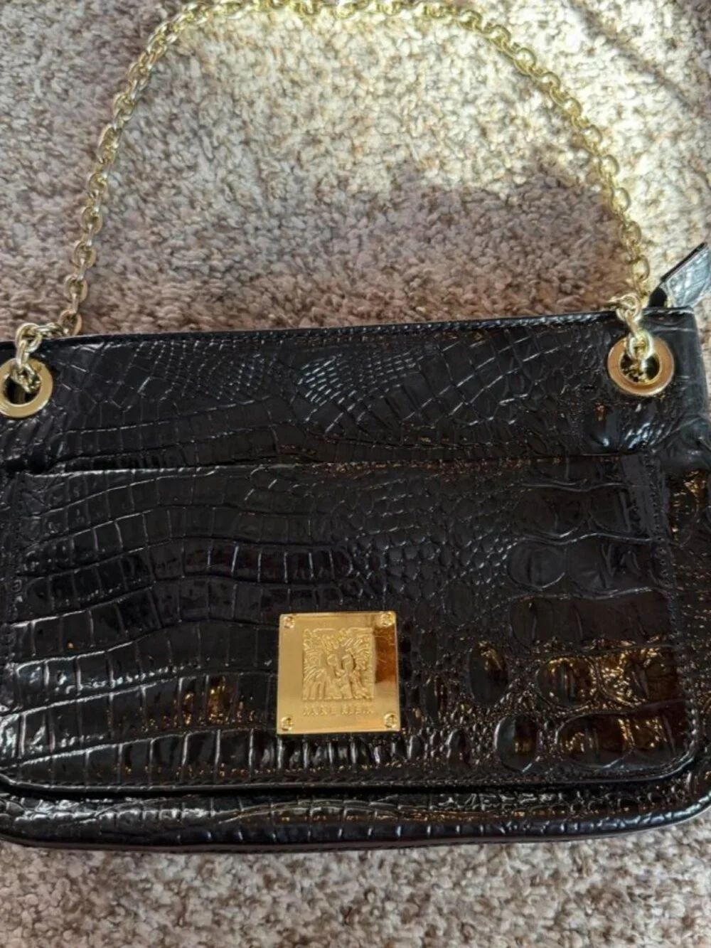 Anne Klein Black crocodile print shoulder bag Y2K with gold chain strap